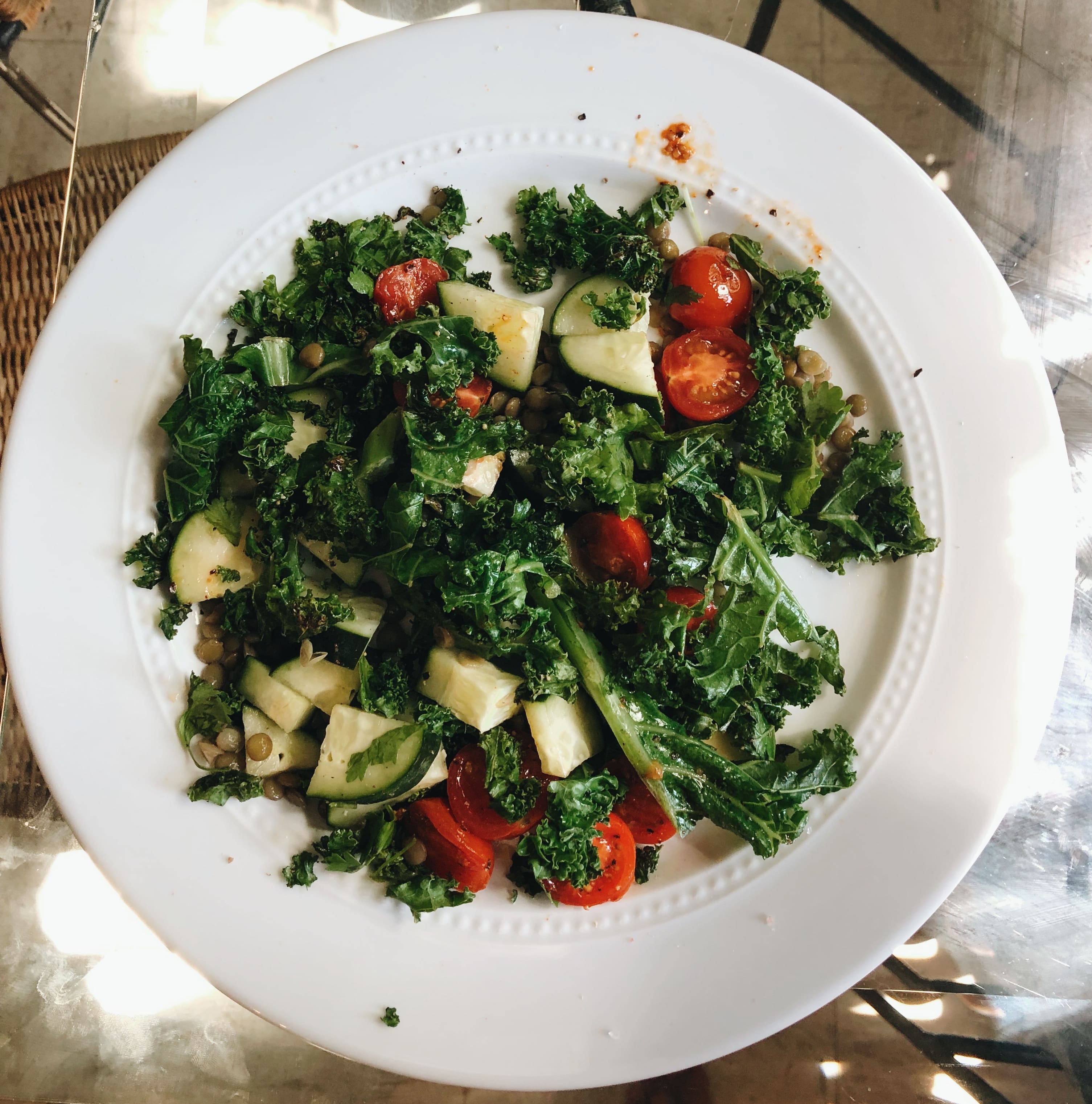 Kale Salad with Tomatoes Cucumbers Lentils