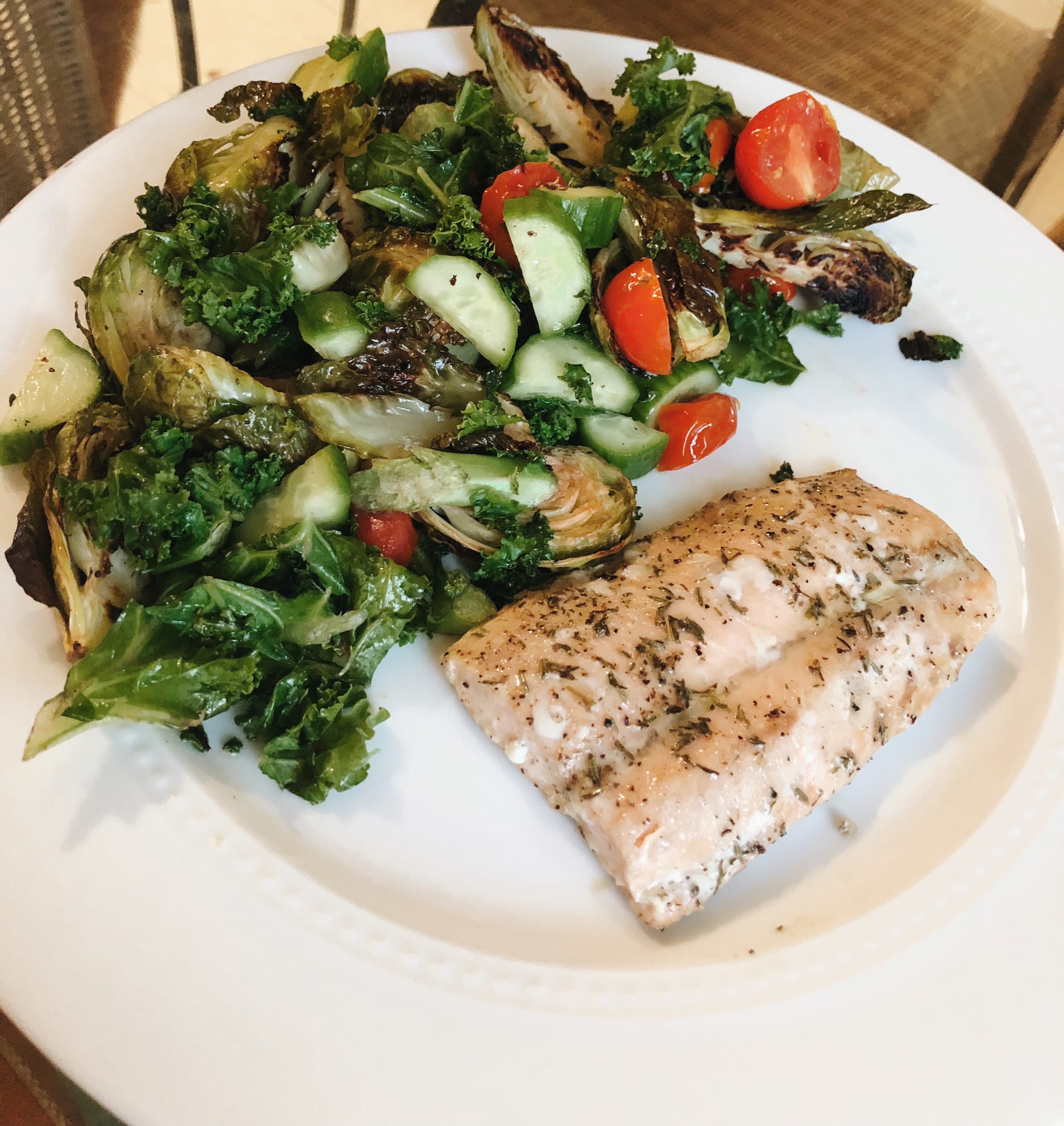 Daily Greens Kale Brussel Sprouts Cucumber Tomatoes and Salmon